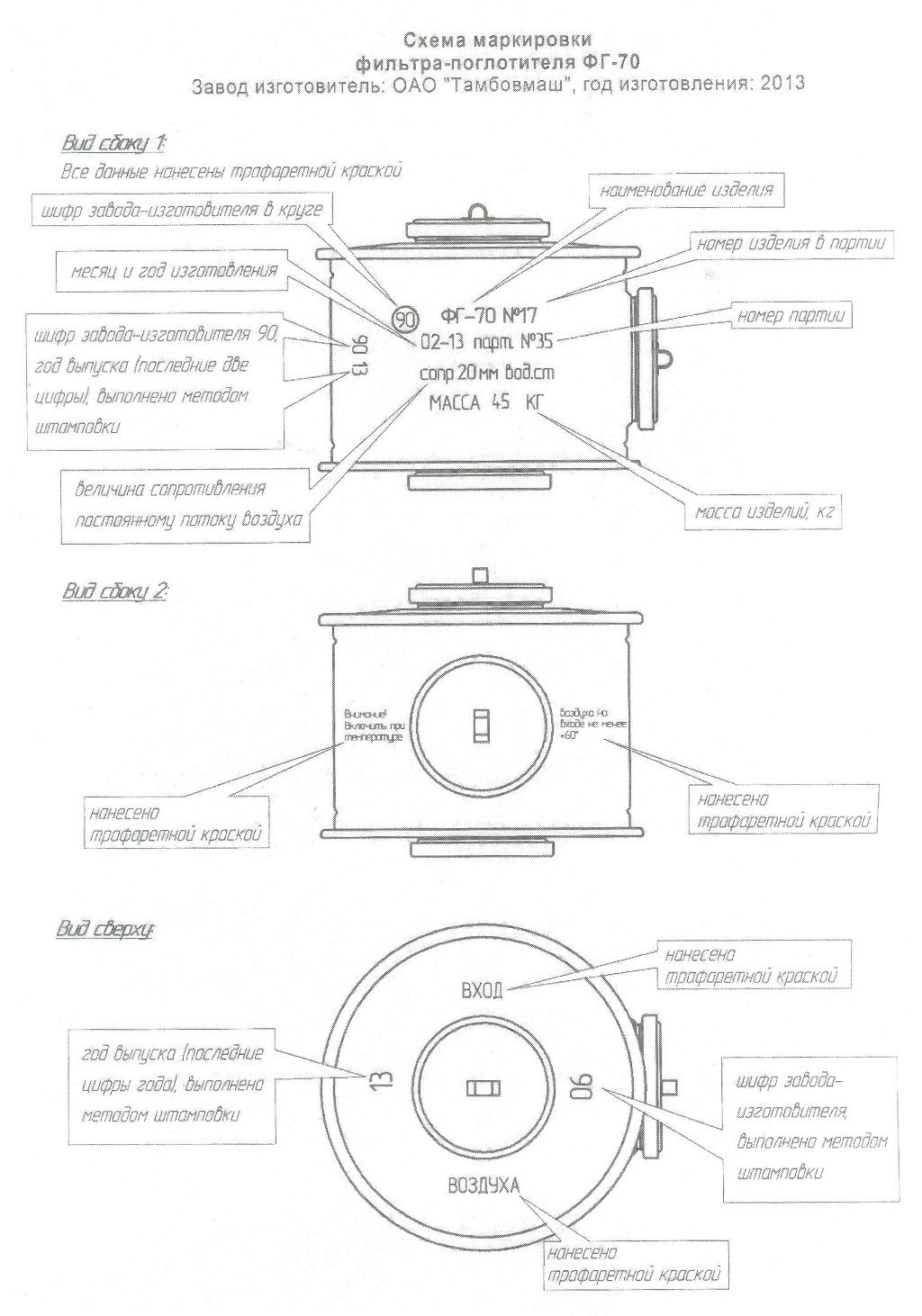 Схема маркировки фильтра поглотителя ФГ-70
